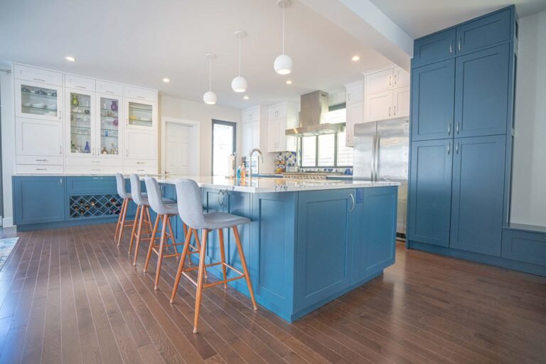 back view of sleek and modern kitchen island with sitting in Mississauga